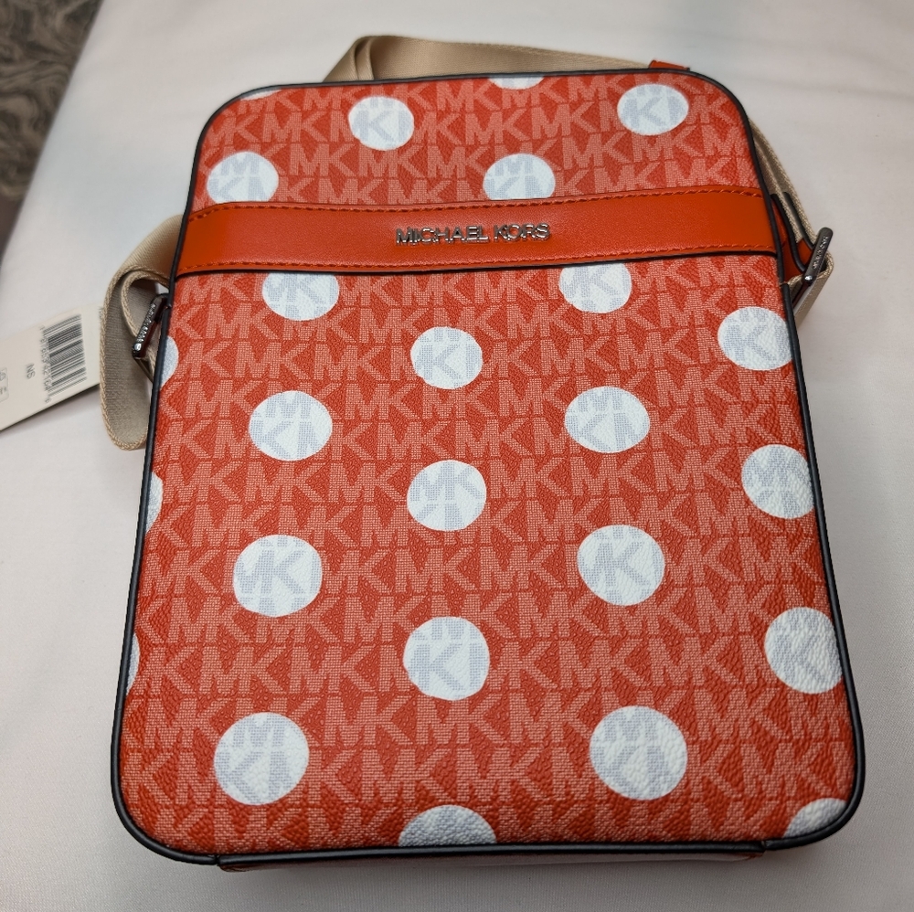 NWT Michael Kors Cooper Crossbody Leather Flight Bag Red Clay Polkadot